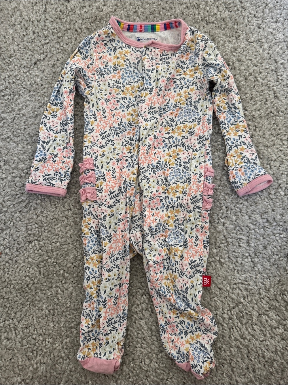 Magnetic Me - Floral Footed One-Piece with Pink Trim